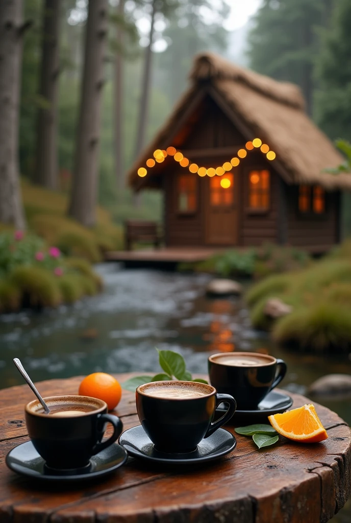 The image shows a wooden table with three black cups of coffee on it. The cups are placed on saucers and are filled with a dark liquid, possibly coffee. In the background, there is a small cabin with a thatched roof and string lights hanging from the windows. The cabin is surrounded by trees and greenery, and a river can be seen flowing in front of it. There is also a small orange slice on the table. The overall mood of the image is peaceful and serene.