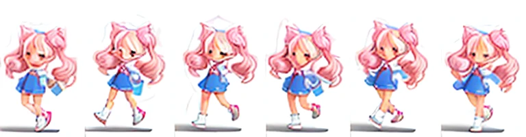 Give me a character sheet with 6 frames of a walking animation with different facial expressions of a character, her name is jana nuhr, no background, White background, pink hair, adorable,
