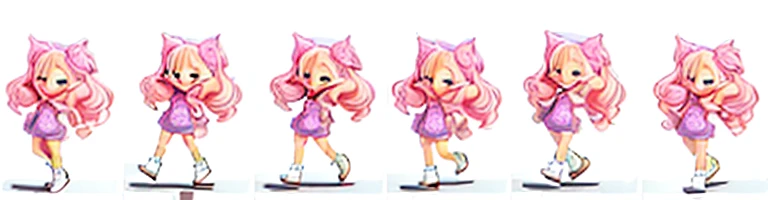 Give me a character sheet with 6 frames of a walking animation with different facial expressions of a character, her name is jana nuhr, no background, White background, pink hair, adorable,