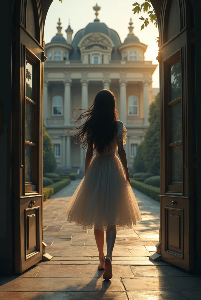 15 yo Julia walking away from her mansion looking back with emotionnal expressions
