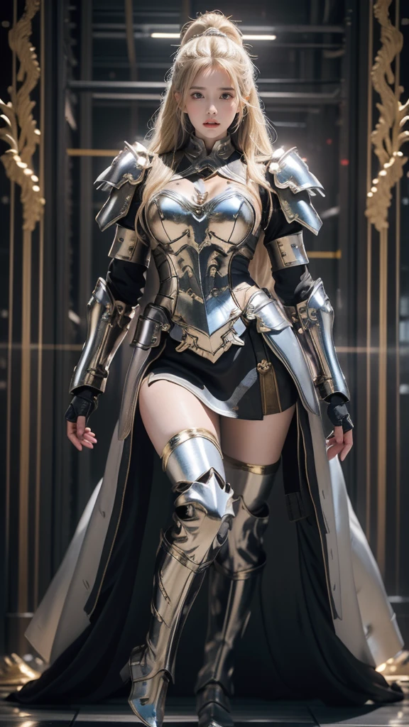 masterpiece，High-definition CG illustration，Beautiful Female Warrior，Detailed eyes and face，Tall figures，Blonde，Full Armor Equipment，Super Long Boots，Wear knee-length boots，Above the knee stockings，Bright armor color，Exquisite decoration，General temperament，Tall figures，Wide ass，Thick legs，A magnificent sight，Facing war