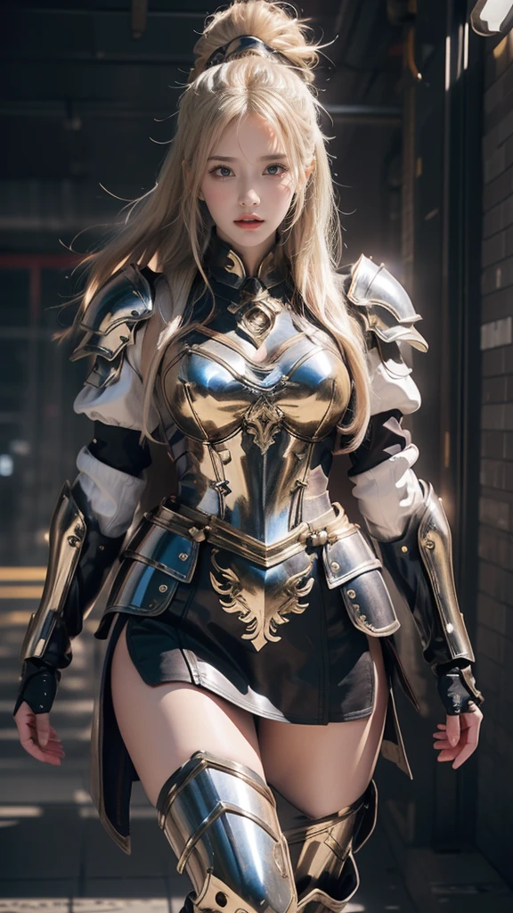 masterpiece,High-definition CG illustration,Beautiful Female Warrior,Detailed eyes and face,Tall figures,Blonde,Full Armor Equipment,Super Long Boots,Wear knee-length boots,Above the knee stockings,Bright armor color,Exquisite decoration,General temperament,Tall figures,Wide ass,Thick legs,A magnificent sight,Facing war