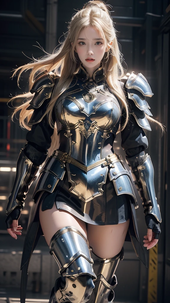 masterpiece,High-definition CG illustration,Beautiful Female Warrior,Detailed eyes and face,Tall figures,Blonde,Full Armor Equipment,Super Long Boots,Wear knee-length boots,Above the knee stockings,Bright armor color,Exquisite decoration,General temperament,Tall figures,Wide ass,Thick legs,A magnificent sight,Facing war