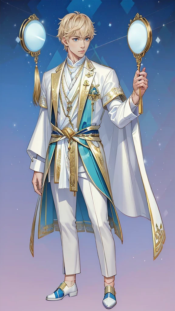 A young, indonesian fair-skinned muscular, full body, male with short White hair wearing a white and blue ornate outfit against a starry night sky background