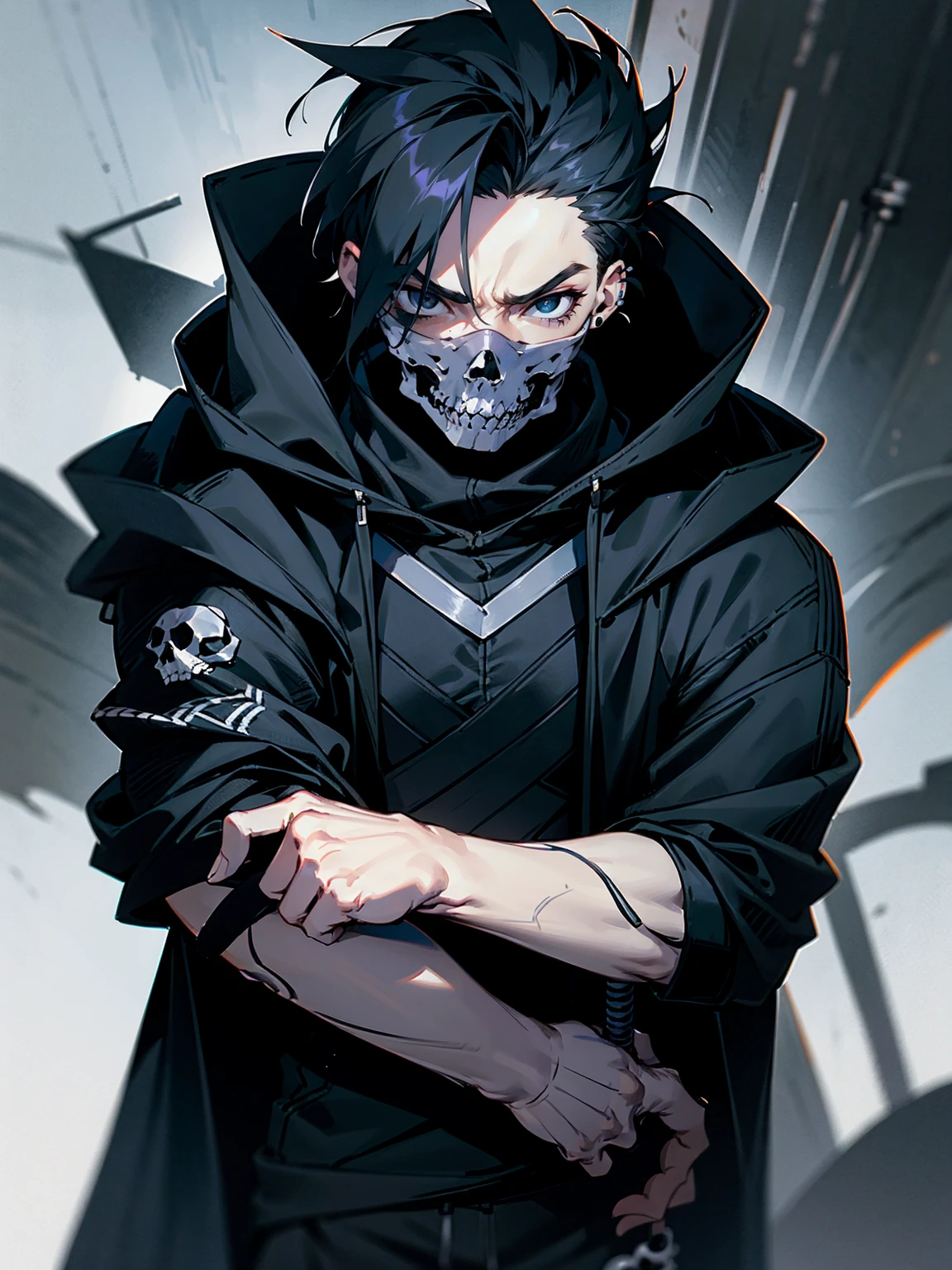 1male, adult, vergil hair, black hair, spiky hair, hood over head, black eyes,  skull mask, eye piercing, lazy expression, black techwear jacket, black sweatpants, lean build