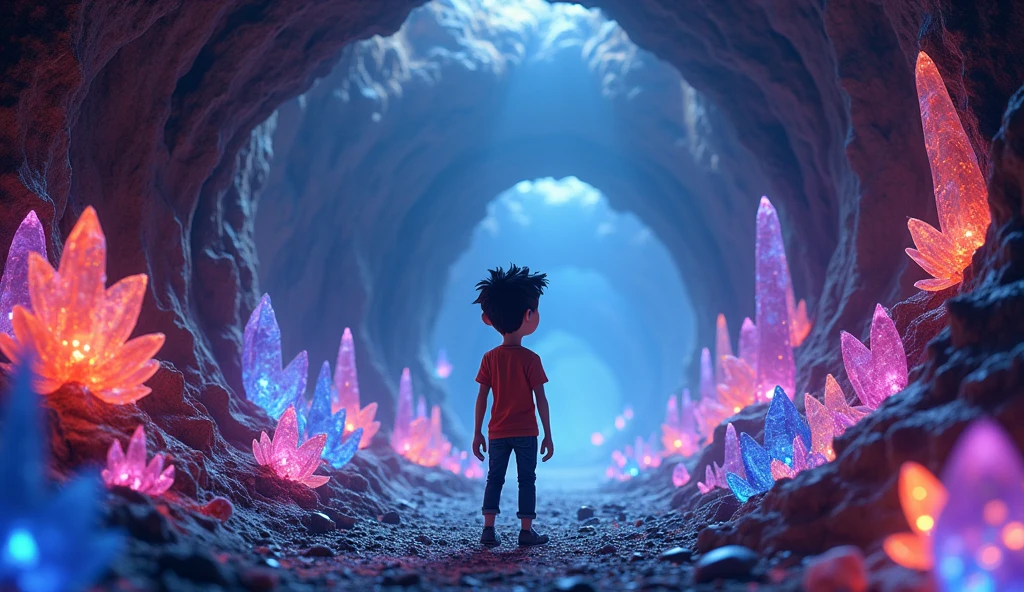 Prompt:
Max, amazed, stands in a glowing underground cavern filled with colorful crystals and bioluminescent plants. His face reflects awe as he gazes around at the otherworldly scenery.