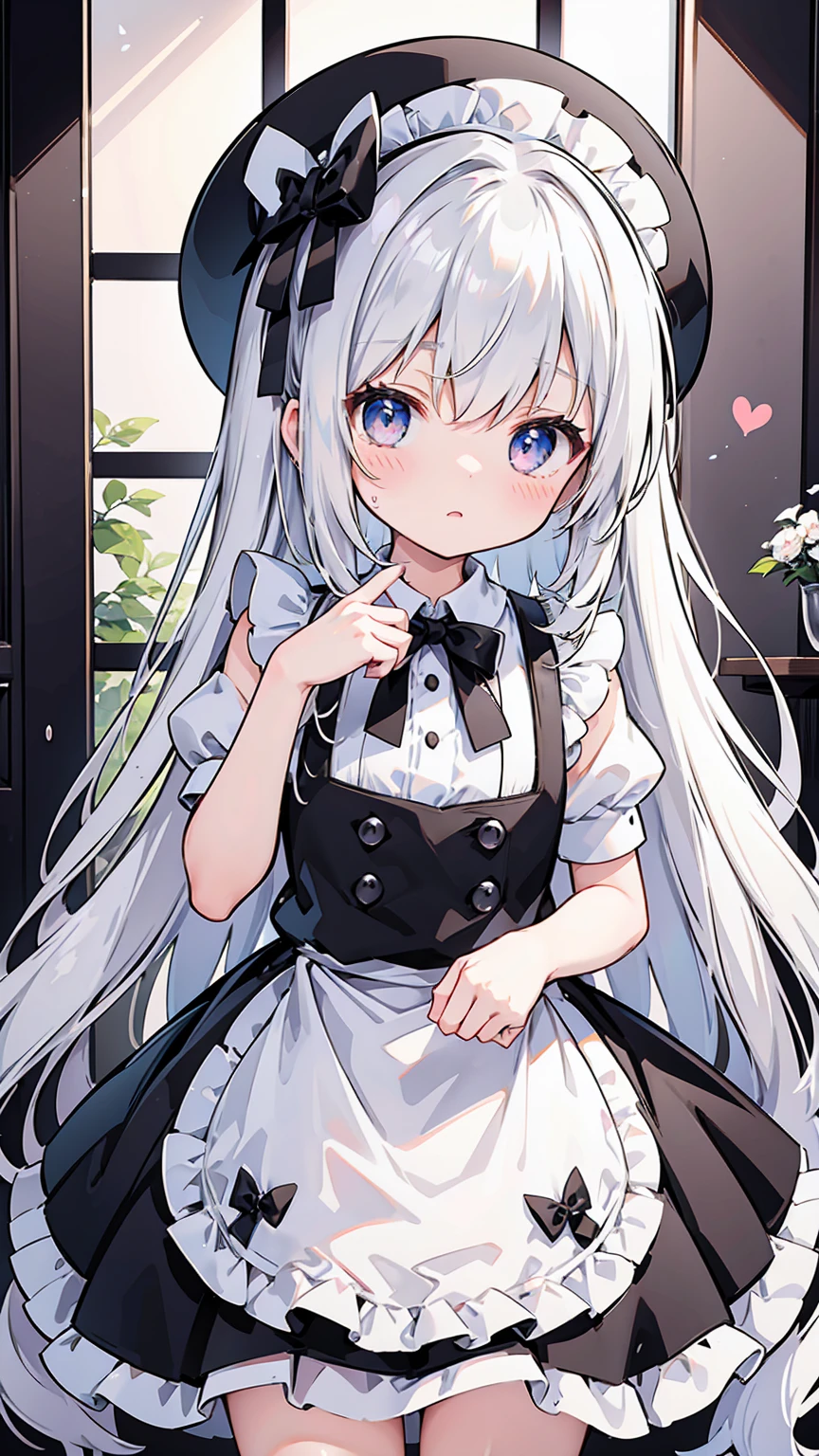 Marisa Kirisame、black and white maid outfit、A black hat with a white ribbon、Brown long hair、blush、loli