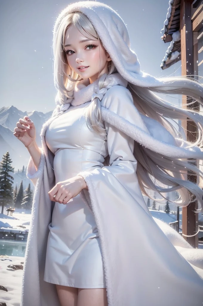 (the upper body:1.5).masterpiece、Highest quality、1 girl, winter, platinum blonde hair, Cute girl, smile, close mouse, medium breasts, sideboob:1.2, white dress, winter clothes, long skirt, Fur coat、Small waist、Thin legs、outdoors, front of the lake, snow falling, Prayer Pose, join hands, from backside:1.5, look back:1.6, face, style
