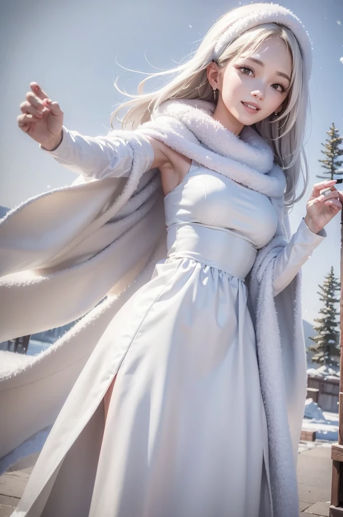 masterpiece、Highest quality、1 girl, winter, platinum blonde hair, Cute girl, smile, close mouse, medium breasts, sideboob:1.2, white dress, winter clothes, long skirt, Fur coat、Small waist、Thin legs、outdoors, front of the lake, snow falling, Prayer Pose, join hands, from backside:1.5