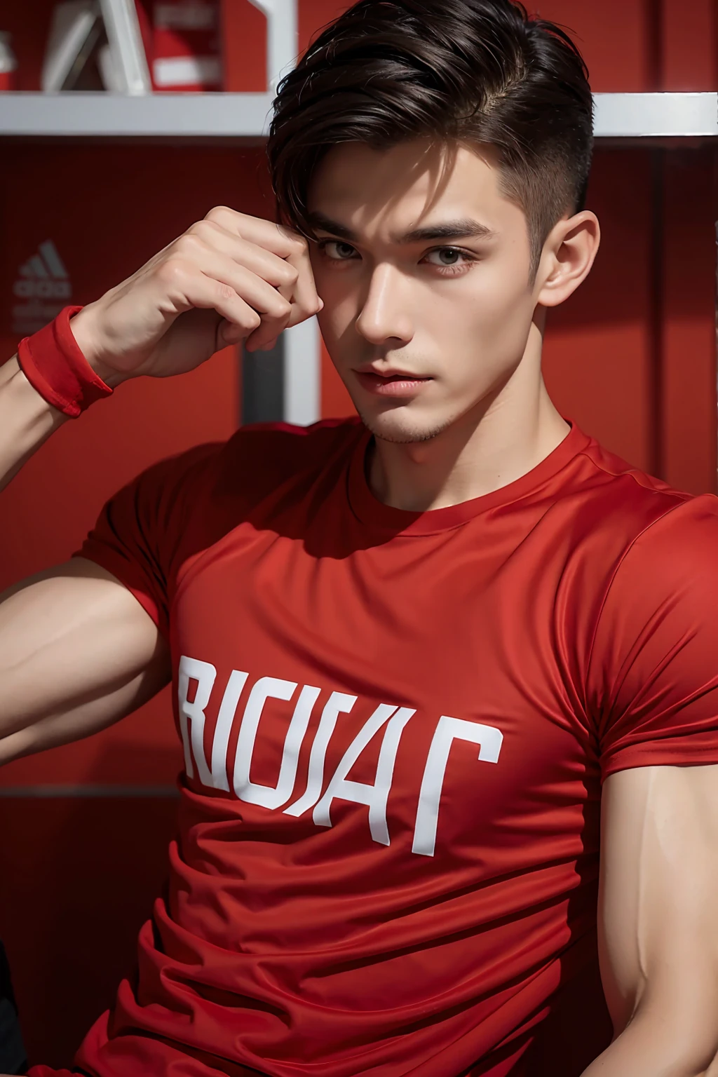 Muscle boy, adidas red t shirt