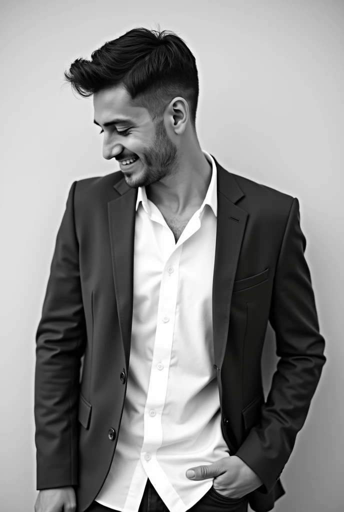 Create a black and white image of a 23 yo boy with short, dark hair, styled neatly to the side. He is wearing a white shirt and tailored blazer. The boy is captured in a candid, relaxed moment, looking down with a gentle, genuine smile. His hands are casually placed in his pockets, and the background is a simple, smooth wall, which keeps the focus on his expression and attire. The overall mood of the image should be casual yet sophisticated, with a natural, authentic feel. He is turkish. With jawline and his skin color is light brown. Totally looking away from the camers.
No beard.