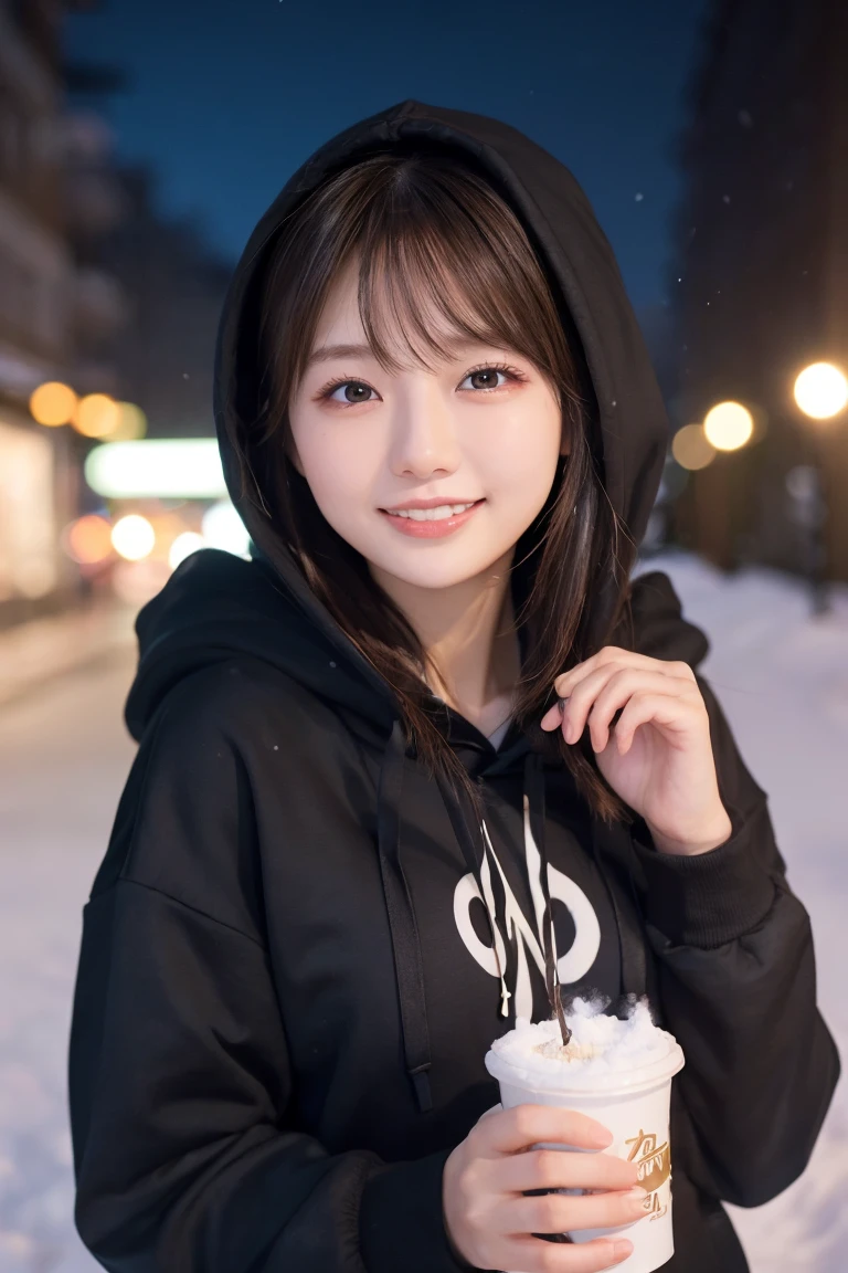 1 girl, (Wear a black hoodie:1.2), (RAW photos, highest qualThaty), (Practical, Practical:1.4), On the table, Very delicate and beautiful, Very detailed, 2k wallpapers, wonderful, Finely, Very detailed CG UnThaty 8K 壁紙, Very detailed, high resolution, Soft Light, Beautiful and delicate girl, Very detailed目と顔, Beautiful and delicate nose, Finelyて美しい目, Cinema Lighting, Illuminations That light up the cThaty on a snowy night, Snow Scene, That'That'That'it'Snowing, Snowflakes fall on my hair, Perfect anatomical structure, slim body, Very nervous,
Straight half-length hair, Bangs, Looking at the audience, Smile、Fluffy scarf