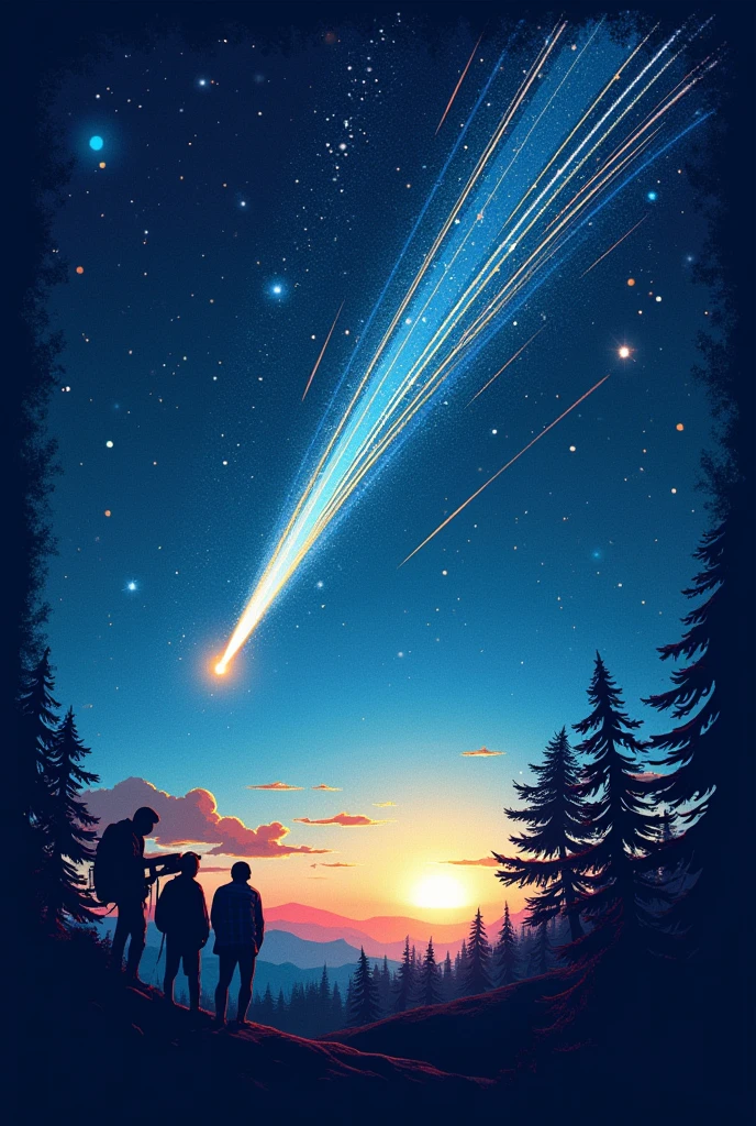 Create a t-shirt design with the theme "what time is the meteor shower tonight",Need to convey the spectacular sight of meteor showers in the night sky and the excitement of stargazing。The following is an example of a Midjourney English prompt word,Used to generate clear images suitable for printing on T-shirts:
```
"Create a captivating T-shirt design themed 'what time is the meteor shower tonight'. The image should depict a clear, starry night sky filled with vibrant, streaking meteors, suggesting the magic of a meteor shower. Include a clock face in the design, possibly with the hands pointing to a specific time, to evoke the anticipation of the event. The design should feature silhouettes of people, perhaps with a telescope or binoculars, gazing up at the sky in wonder. Use a cool color palette with shades of deep blues and purples to represent the night, accented by the bright, luminous trails of the meteors. The text should be legible and stylish, possibly in a font that mimics the elegance of a star chart or celestial map. Ensure the design is crisp and clear, suitable for high-resolution printing on a T-shirt."