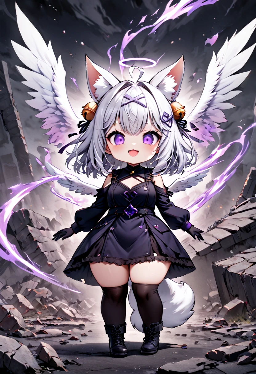 master piece, best quality, ultra-detailed, illustration, midnight, battlefield, gloomy atmosphere, broken walls, ruins, purple flames, 1girl, solo, chibi, (big head), cute pose, front view, looking at viewer, (full body Close up:1.5), chubby, fat, filian, filianoverall, Filiansailor, purple halo, ((white hair)) , short hair, shoulder length hair, fly-away hair, bangs, hairclip, purple hair ornament, cat ears, (hair bell:1.3) ahoge, purple eyes, open mouth, smiling, (angel wings:1.3),(white fluffy fox tail), (black tattered robe), long gown, black arm sleeves, black gloves, wielding heavy sword, black stockings, black boots