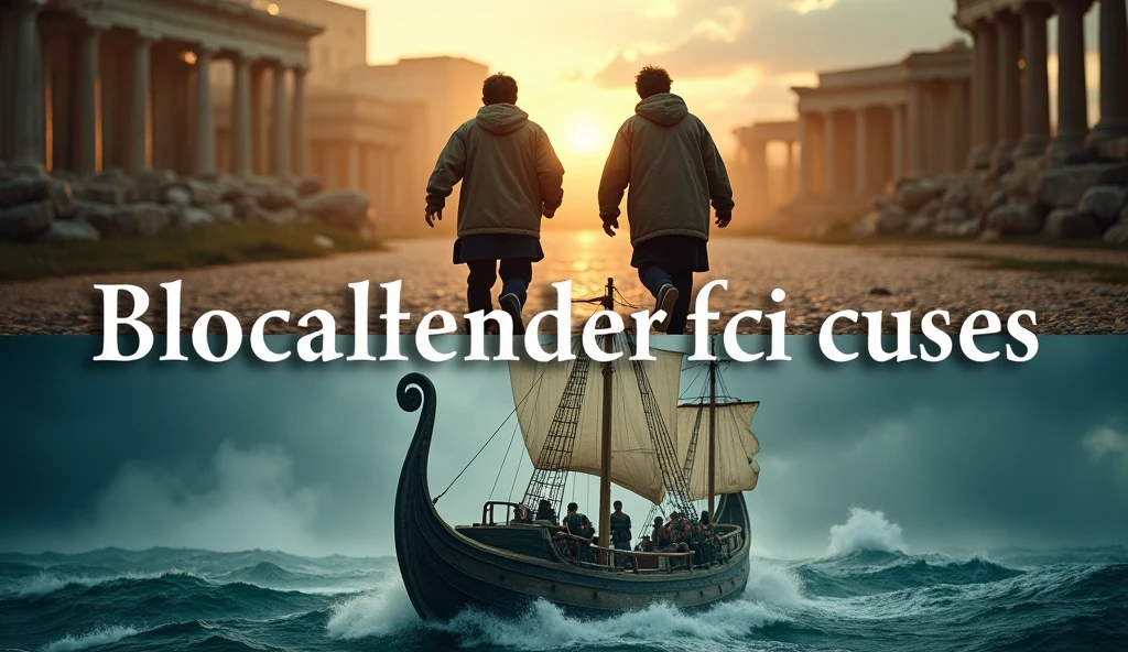 A split-screen thumbnail where the top half shows the twins running towards the viewer with a dramatic background of ancient Rome, while the bottom half features them riding a Viking longship with stormy seas behind them. The title text is positioned in the middle, with the pocket watch slightly faded in the background.