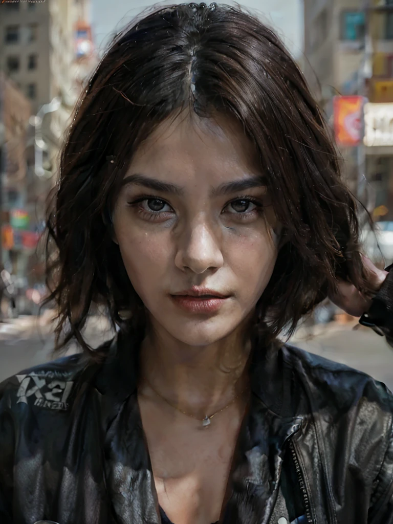 (((dramatic))), (((gritty))), (((intense))) movie poster featuring a woman as the central full body character. She stands confidently in the center of the poster, wearing a stylish jacket and t-shirt and edgy works by yoji shinkawa and yohji yamamoto, with a determined expression on his face The background is dark and dopt, with a sense of danger and intensity, with the tagline, the overall excitement the color palette is mostly dark with splashes of bright colors, giving the poster a cool look. dynamic and visually striking, fashionable, female, vibrant, outfit, posing, front, colorful, dynamic, background, element, confident, expression, holding, statement, accessory, majestic, circular, around, touch, dynamic pose scene, cover, bold, attention-grabbing, interesting, title, bigger, flashy, hyper realistic, cinematic, HD. 4k.