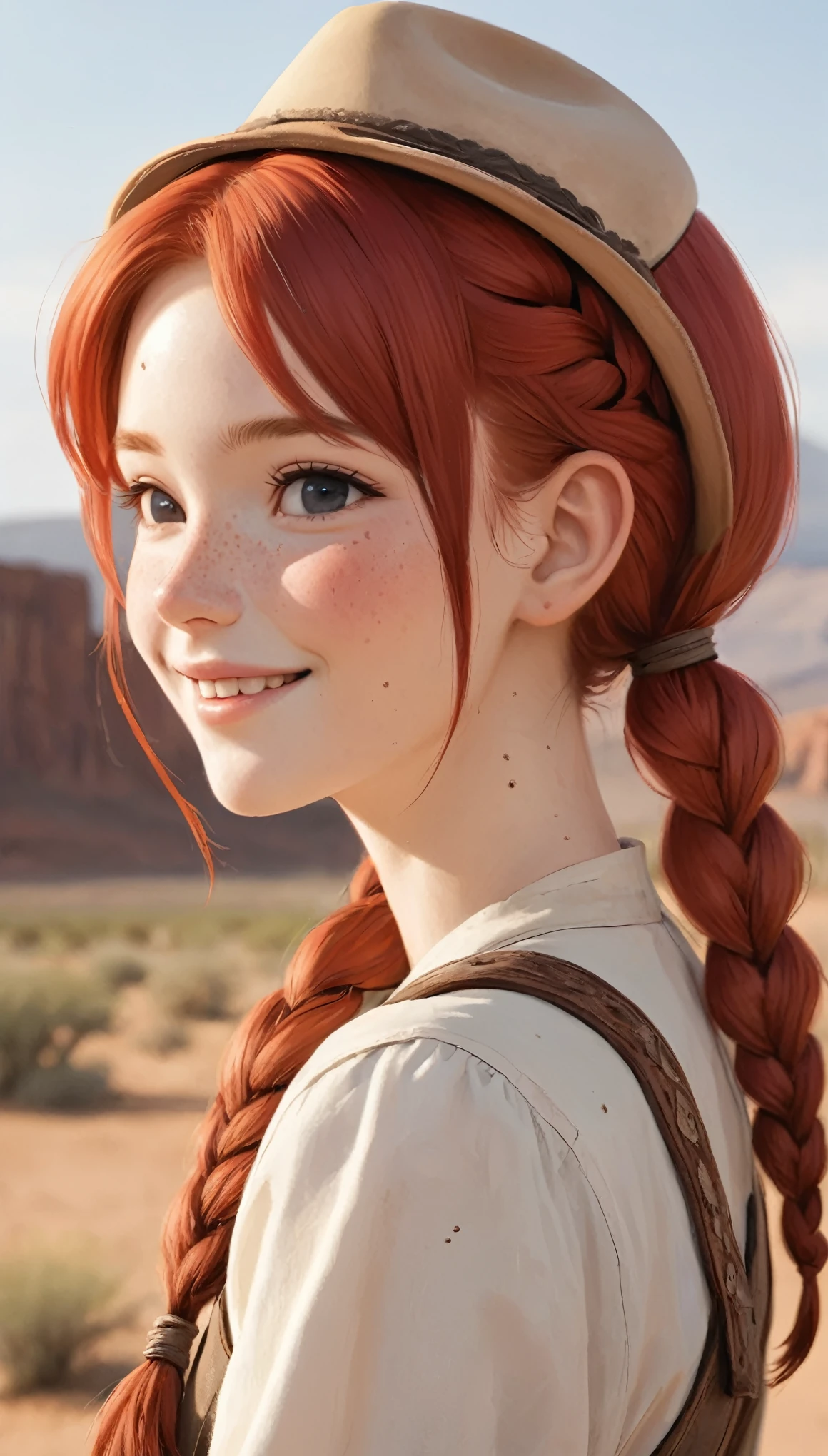 cheyenne、profile、Upper Body、masterpiece、Highest quality、One beautiful woman、Red hair、Pigtails、Braid、24-years-old、White skin、Cowboy Style、Western Hat、Moderate bust、Upper Body、smile、love、Freckles、Blushing cheeks、scenery、profile、Close-up of face、desert。