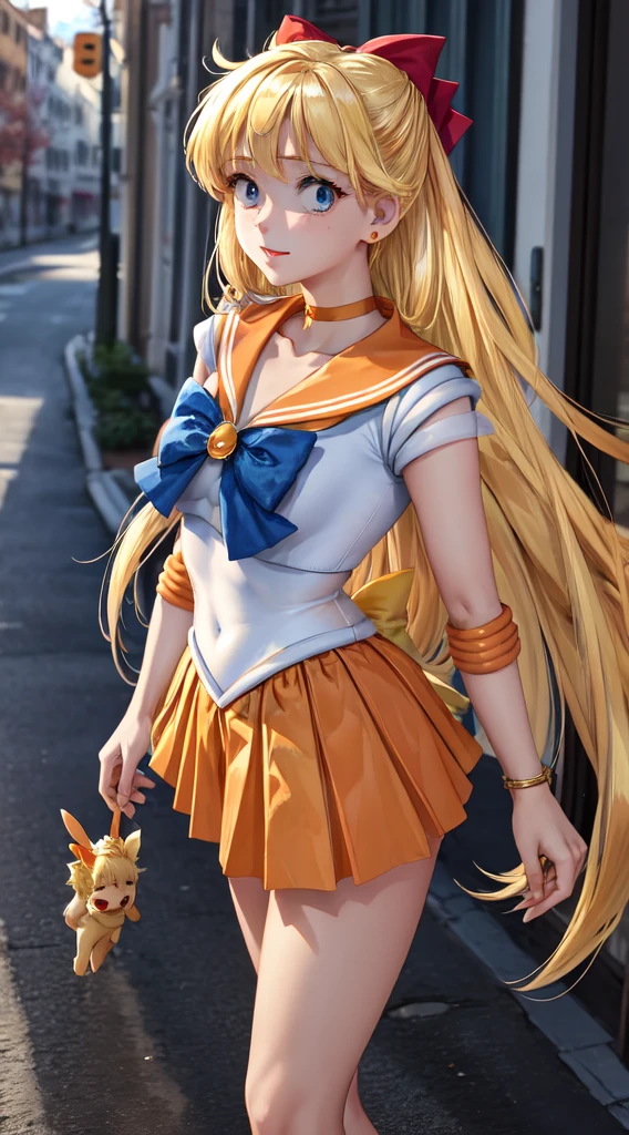 masterpiece, Highest quality, High resolution, Venus 1, One girl, alone, Sailor Warrior Uniforms, Sailor Venus, Minako Aino, blonde, Magical girl, blue eyes, Orange Skirt, Elbow hand pockets, headgear, Pleated skirt, bow, Orange sailor collar, mini skirt, choker, Red bow, Orange choker, White gloves, Very long hair, jewelry, Earrings, Outdoor, street, walk, front