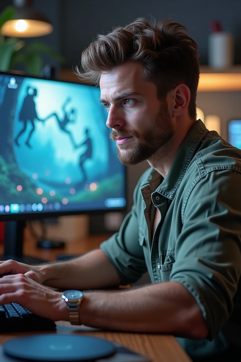 Handsome in a shirts few buttons open and biceps showing video game developer working on computer