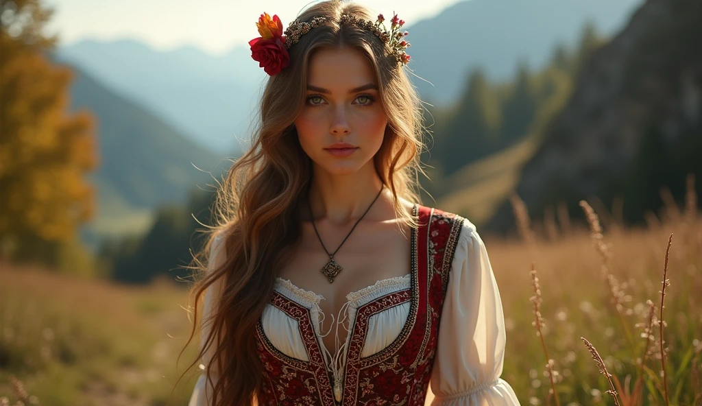 Young Latvian woman standing, wearing sexy Latvian national costume, Latvian ornaments, daytime, Latvian mountain village, detailed body, detailed face, gorgeous, surreal, seductive, cute, long hair, hot summer, bokeh effect, detailed background, volumetric light, drop shadow, 8k