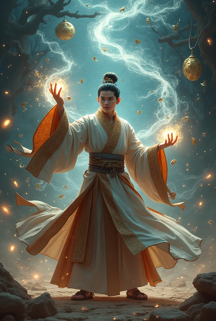 The young man in ancient Chinese clothing is casting magic., Beside him are countless charms against love and spells