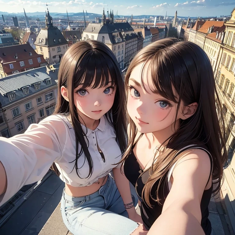 (masterpiece, highest quality:1.1), (Popart Style),Flat Color,(Two Girls),Cute face, 19y.o.,Enjoy your trip,(Stuttgart),Germany, Beautiful detailed scenery, Beautiful lighting,very happy,Dynamic pose,photo portrait, sharp,An illustration:okama, ((skinny))