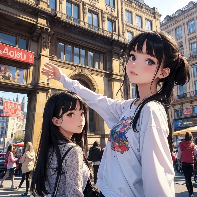 (masterpiece, highest quality:1.1), (Popart Style),Flat Color,(Two Girls),Cute face, 19y.o.,Enjoy your trip,(Stuttgart),Germany, Beautiful detailed scenery, Beautiful lighting,very happy,Dynamic pose,photo portrait, sharp,An illustration:okama, ((skinny))