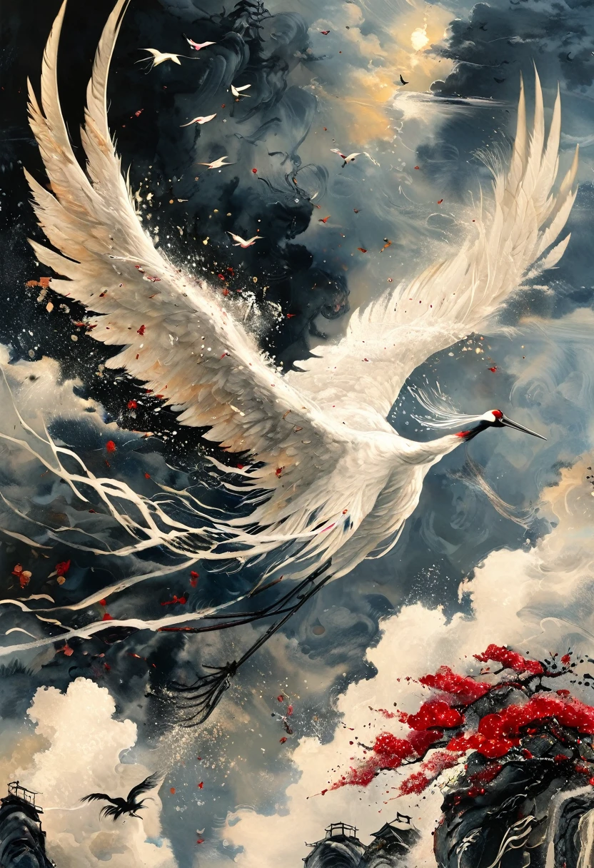 Ink, Crane, cloud, wing, I am, outdoors, feathered wing, sky, petal,oil paint
