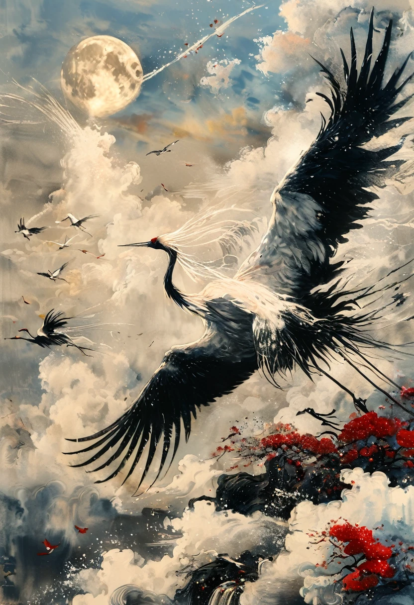 Ink, Crane, cloud, wing, I am, outdoors, feathered wing, sky, petal,oil paint
