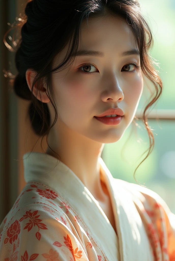 An elegantly dressed Japanese woman in natural light、A close-up of her chest and calm expression.、It shows her inner peace and outer charm.。