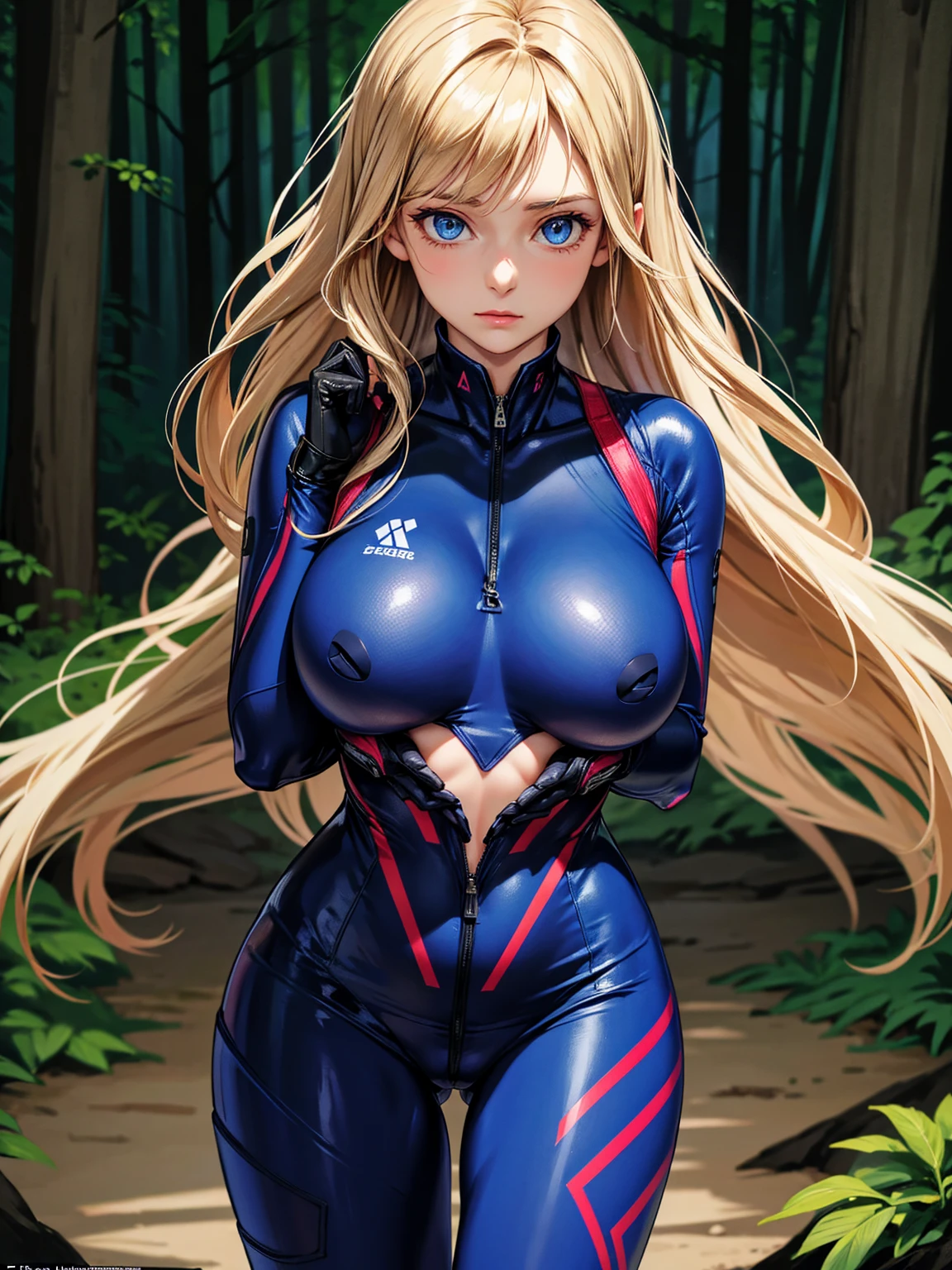 A woman (Name: Nina Harmenov),Perfect Hands,  Big sized Breast,  Tight Suit, Pretty,Beautiful, Dark Forest Background, Survivor, Beautiful Eyes