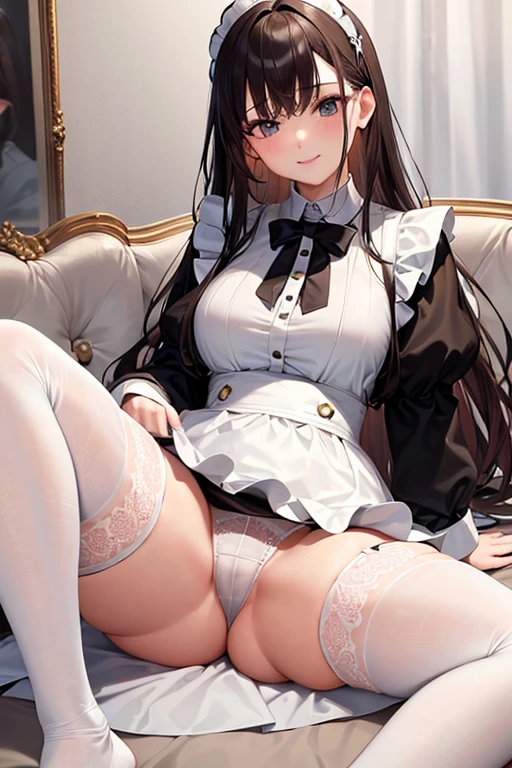Highest quality, masterpiece, Adult women,8 heads,Long sleeve maid outfit,Without skirt,Brown Hair,Long Hair,Bedroom,Sit in the corner of the bed,Spread your legs、Leg spread,White tights,White garter belt,White lace pants,I can see your pants,A seductive smile, Plump thighs
