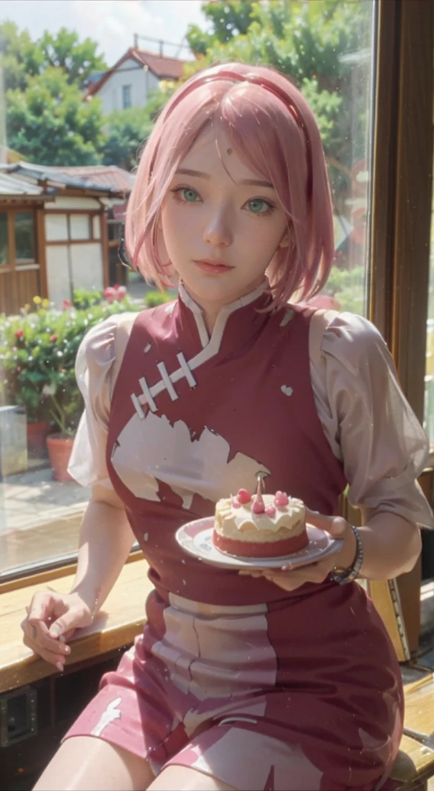 beautiful sakura haruno , pink hair girl, red dress, adolable , 15 year old girl, sitting at the dining table, Birthday cake on the table, Sunlight outside the window, (smile of her beautiful face) beautiful smile, big smile, happy face on birthday , White teeth