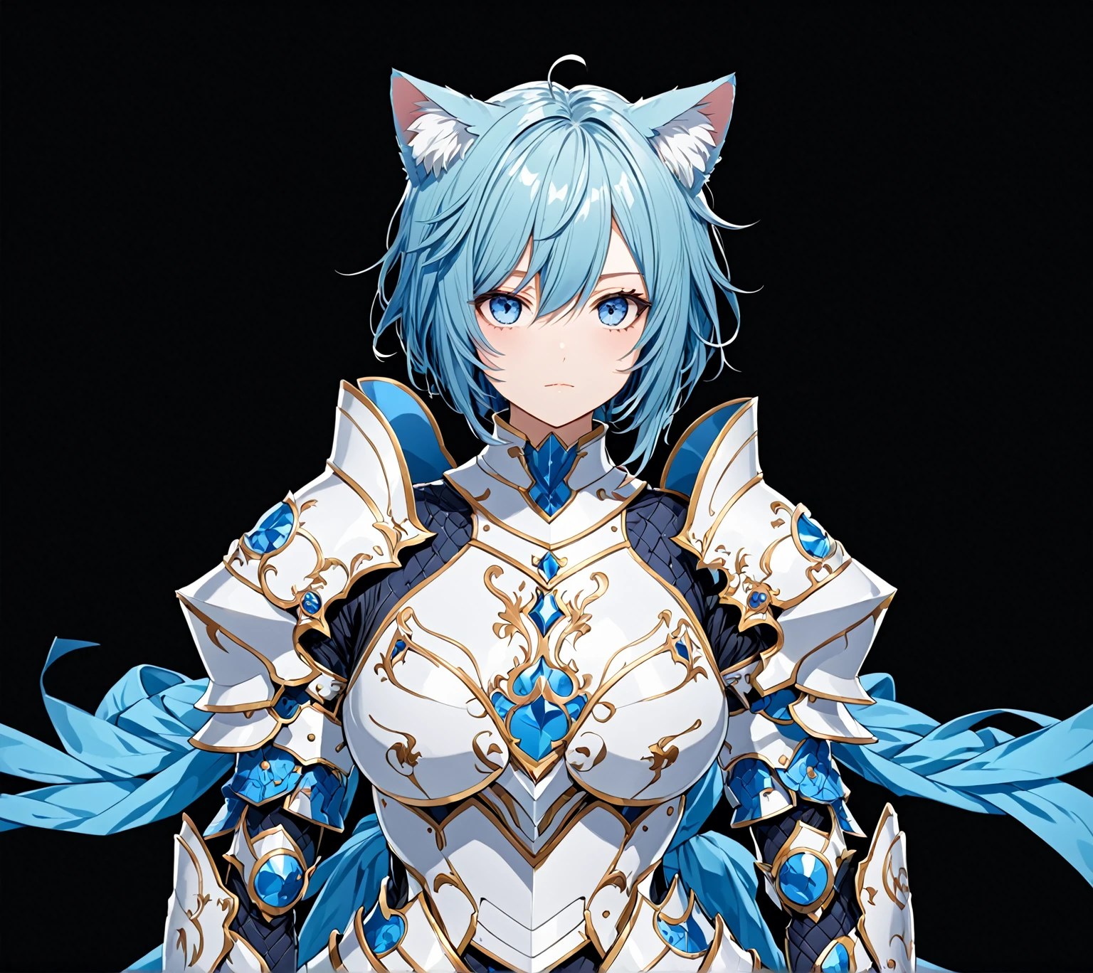 masterpiece, best quality, good quality, Highly detailed, shadowverse style, female, cat ear, cyan hair, modern aesthethic, armored, blue eyes, medium hair, tidy hair, blue and white main color, full body art, adult, solo, closed mouth, knight, character design, standing with pose facing camera, plain background
