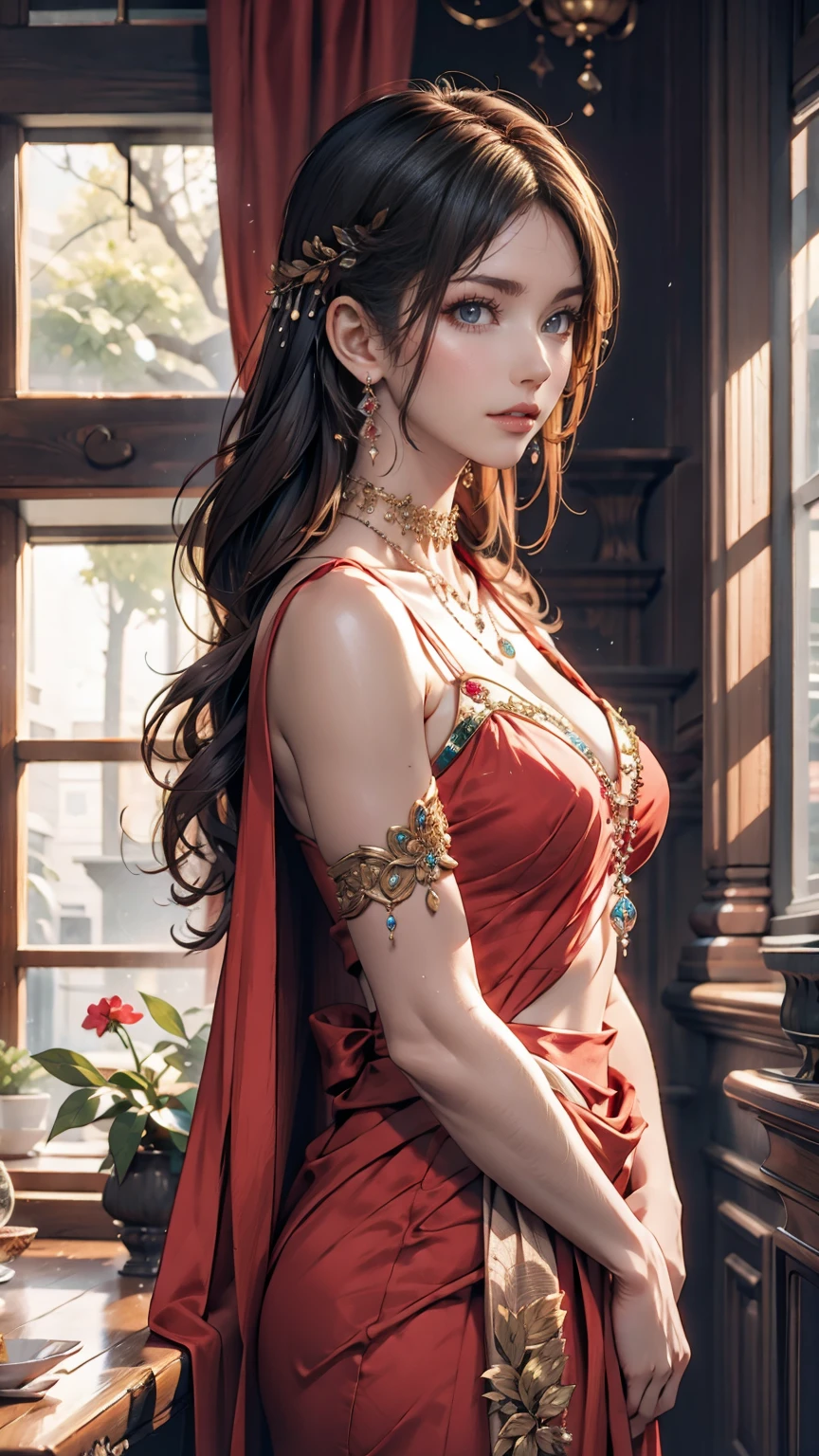 Arabian woman wearing a sari and a necklace, Complex set, Jeweled, Wearing something complicated, Elaborate jewellery, with Intricate details, Complicated costumes, Wearing elegant jewelry, Intricate details. from the front, Black Jewelry, Elaborate jewelry, high Intricate details, Hand Jewelry Model Photos, Close-up portrait, Complex beauty, Exquisite Jewelry, side view Intricate details