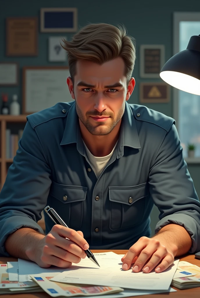 There is young electrical engineer that he is in germany recently he has his small factory fundet and he is now really series 
And there is some important papers around him and some euro he look liked series and hard work and he has no beard and he is looking to his desk 
And he wear workclithes
Look to his desk 
Make his face serious 
