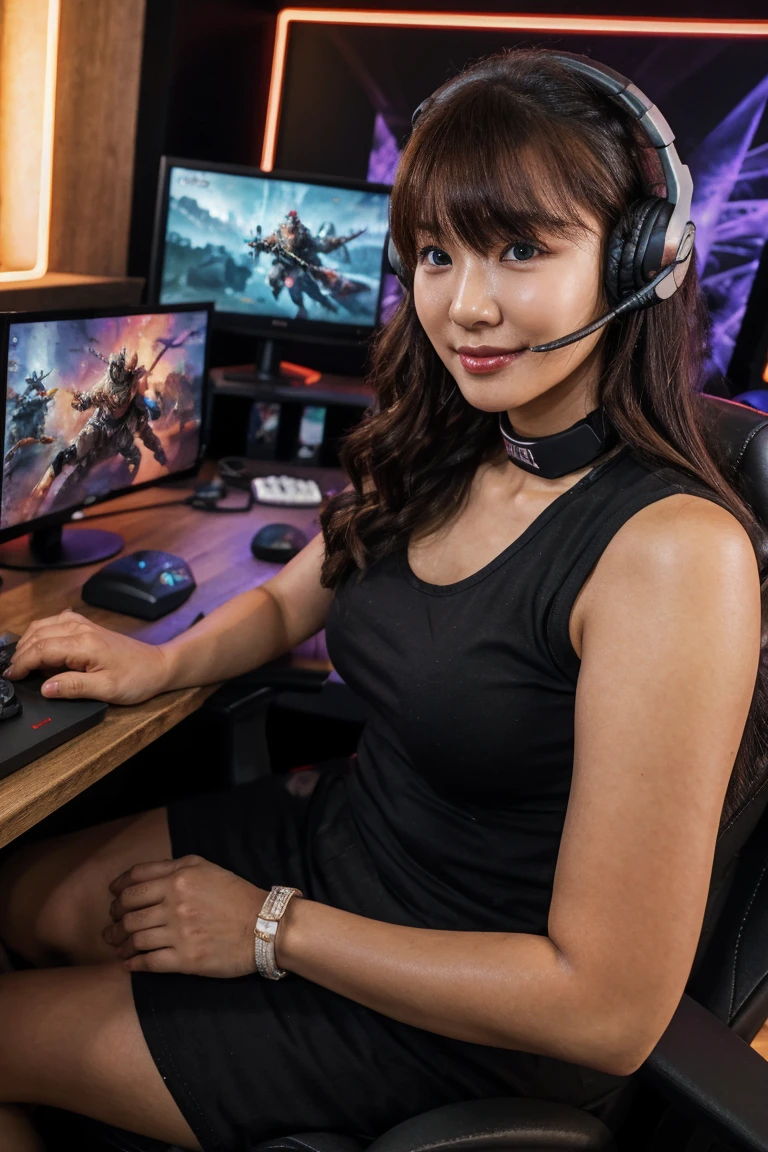 Neon pro gaming room, (she's holding a large-size beer mug filled with  - white cum-drinker), gaming keyboard, (2persons in 1 image), ((naughty very beautiful south korean-Indonesian hybrid girl gamers)), BREAK, perfect flawless idol nose, sexy sensual kissable lips:1.2, lewd mouth apart, natural teen saggy breasts, (thick fleshy sexy arms:1.2), (masturbating enjoying touching herself), revealing her flawless sensual armpit, wearing huge gaming headphone, wearing tanktop with anime print, bracelet, chocker, gamer chair, lot of action figures statue display on the back of the room, the girl sitting on the gaming chair with the gaming high-end OC on the desk before her, her arm on the chair handle, full face close-up focused shot, gaming, Juicy thick figure, high quality skin, Skin pores, amazing details, perfect anatomy, anatomically correct, realistic, extremely detailed eyes, dark moody gamer settings, cool environment, BREAK, photographed on a Canon EOS R3, 105mm F/2.8 VR Macro Lens, HDR, 8k, (sharp focus),