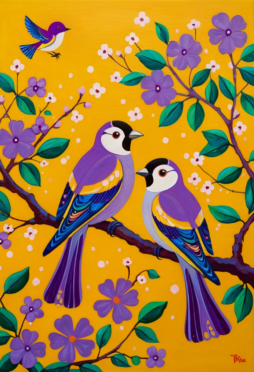 Painting of two birds sitting on a branch with flowers, brightly colored bird, purple and yellow, Cute, colorful and adorable, Lavender and Yellow color scheme, Yellow and Purple color scheme, Mysterious Birds, Beautiful Art, Yellow Purple, Whimsical Art, and purple hues, Lime and Violet, Close together, Birds and Butterflies, spring, Inspired by Tomokazu Matsuyama, Pleasant