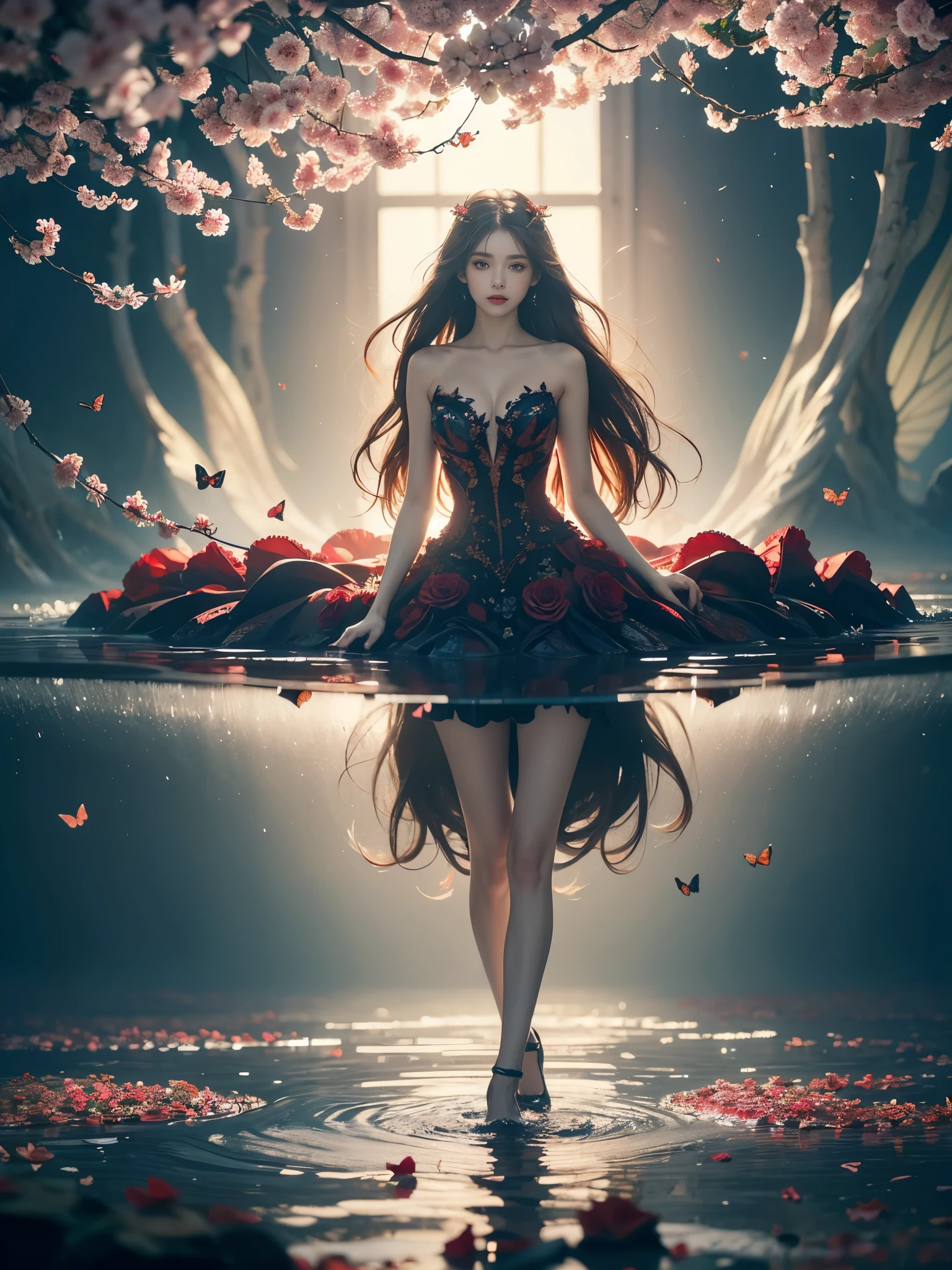 wrenchrosettebloom, Beautiful dance dynamics, Long legs , Water play， Sitting，Sitting in the pond，play， ((Flowing long hair))Official Art , Unity8k Wallpaper , Extremely detailed , Visible cleavage, Pretty and beautiful , Sexy long legs, masterpiece , best quality ,Practical, Very detailed illustrations ,Extremely detailed , Intricate details , Extremely complex and detailed , Very detailed 8KCG wallpaper , Caustics .reflection , Ray Tracing , Devil Theme ,nebula ,Dark aura, Network Effects , (1 Girl)Solitary , 小蓝Butterfly , Dozens of monarch butterflies around , (Blue plasma flame , (insect , Butterfly)) 圣光Butterfly天使 , Butterfly翅膀 , Pastel tones in Rococo style ,Light white and light dark red , Incredibly beautiful , Cherry blossoms , Surrealism ,painting , Ethereal , Mixing reality and fantasy elements ,Ray Tracing , Complex patterns , Delicate lines , Perfect your hands, Starry Sky , rich and colorful , Star