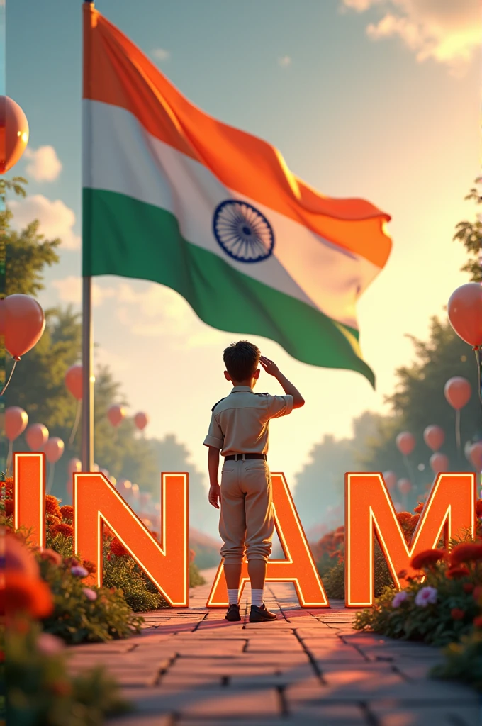 Prompt :- A captivating 3D rendering of the name "Inam" with a sleek, glass-like appearance, set against a big india Independent background with beautiful flowers, big indian flag some harts balloons . The letters are illuminated with the vivid colors of the Indian flag - saffron, white, green, and the blue Ashoka Chakra. In the background, the National Flag of India proudly flutters, symbolizing unity and pride. In the foreground, a Young Boy in a crisp uniform salutes with a posture that radiates pride and respect. The scene is a breathtaking blend of vibrant colors, a cinematic feel, and a touch of Ukiyo-e style, evoking a powerful sense of patriotism and national pride.