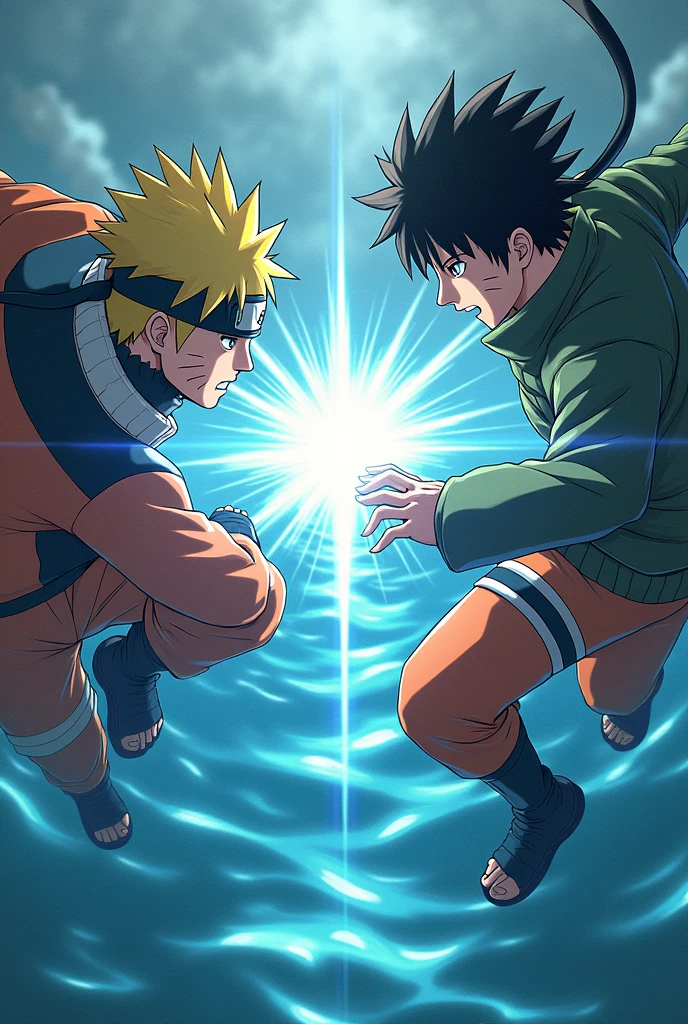 naruto vs sasuke
Close come back fight
Floating in water
Like curtoon
Sasuke use light blade
Naruto use rasengan