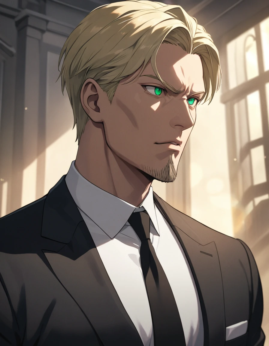 1man, man in black, vigorous mature, business hair with asymmetrical bangs, goatee, green platina blond hair, emerald eyes, BREAK 40yo, charming caucasian, slightly long chiseled face, deep set, angular jaw, facial wrinkles, crewcut, BREAK ideal ratio body proportions, middle weight muscular, beautiful detailed eyes, dark hero, best eyes, BREAK solo, funeral black suit, black necktie, white shirt, at wall street, detailed background, gloom, cool expression, natural standing, looking away, BREAK upperlegs, dramatic expression, in korean illustration style, masculine comic art, 2010s, retro visual novel, in newest eroge style, in persona style, dutch angle, cinematic shadows, cinematic lighting, lens flare, light leaks, texture, absurdres absolutely resolution, extreme all detailed, greatest painting, BREAK masterpiece, best quality