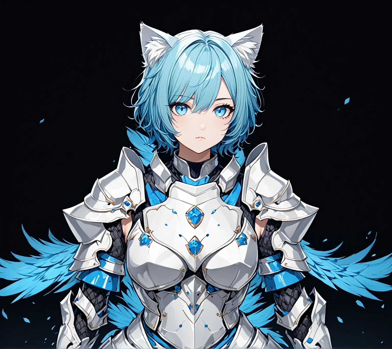 masterpiece, best quality, good quality, Highly detailed, shadowverse style, female, cat ear, cyan hair, modern aesthethic, armored, blue eyes, medium hair, tidy hair, blue and white main color, full body art, adult, solo, closed mouth, knight, character design, standing with pose facing camera, plain background