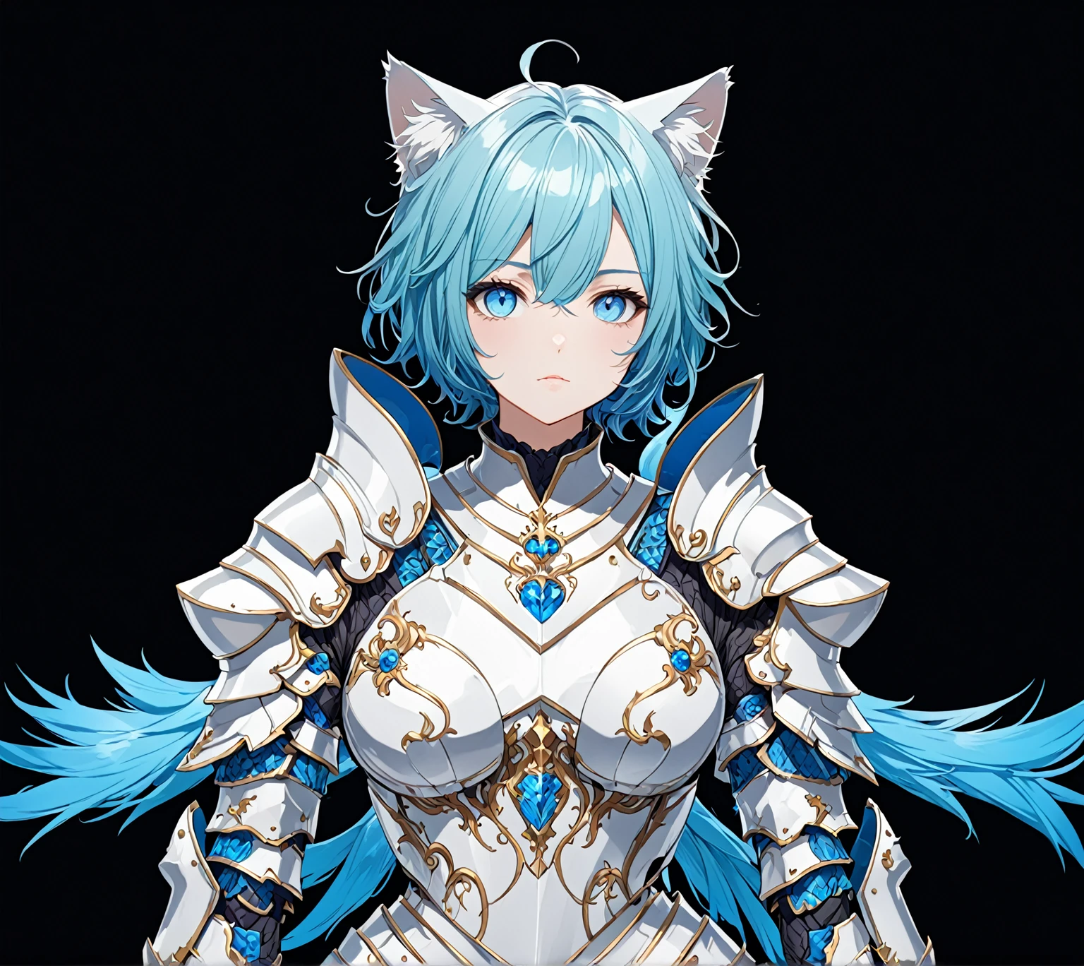 masterpiece, best quality, good quality, Highly detailed, shadowverse style, female, cat ear, cyan hair, modern aesthethic, armored, blue eyes, medium hair, tidy hair, blue and white main color, full body art, adult, solo, closed mouth, knight, character design, standing with pose facing camera, plain background