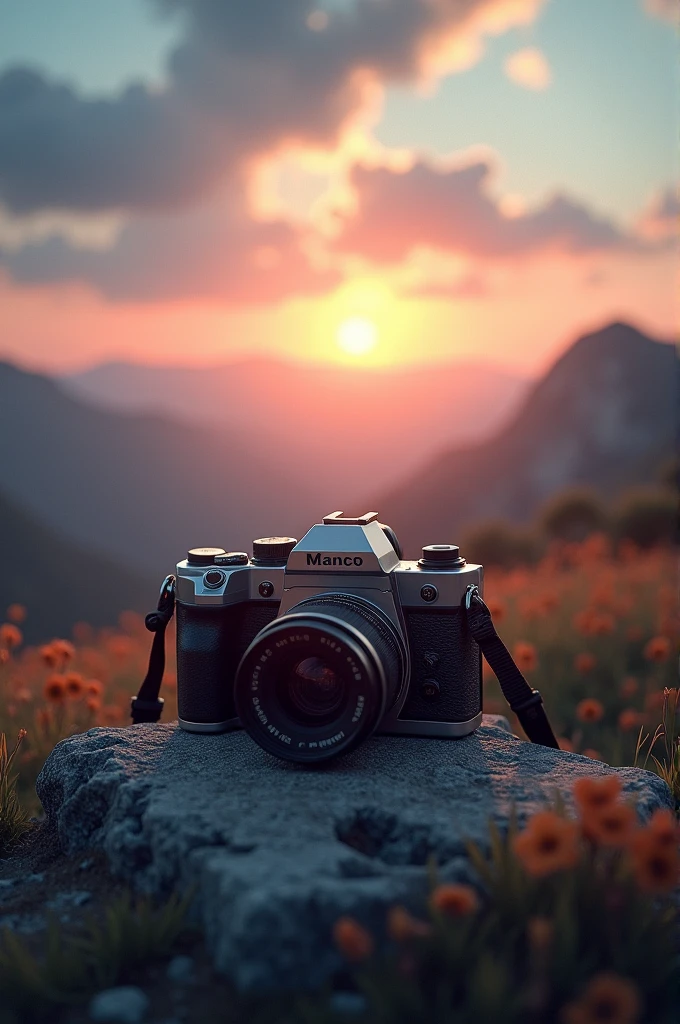 Camera on foreground and beautiful scene on background dawn sun and going moon
