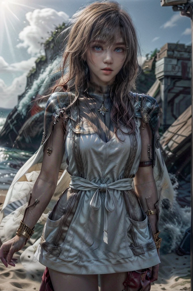 a beautiful woman with long brown hair, delicate facial features, and a serene expression standing on a sandy beach, wearing a white pinafore dress, waves crashing in the background, vibrant blue sky with wispy clouds, warm golden sun lighting the scene, highly detailed, photorealistic, 8k, cinematic lighting, atmospheric, intricate details