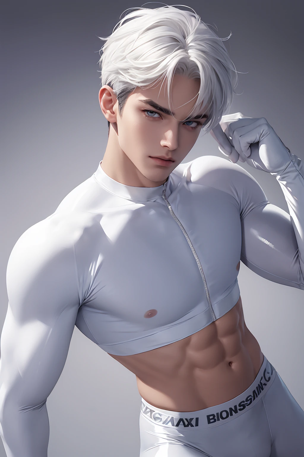 Ultra wide angle，Full body photorealistic 4k, high resolution, best quality, masterpiece, perfect color, perfect shade, perfect lighting, Posted by e621, ((portrait)), ((handsome man)), perfect male figure, Short hair details，chest muscles，abdominal muscles，wearing white and silver tight fit latex spandex and gloves，Detailed face, perfect face, (stood up), Detailed background, ((Bonifasco Lighting)), (delicate eyes),),white hair