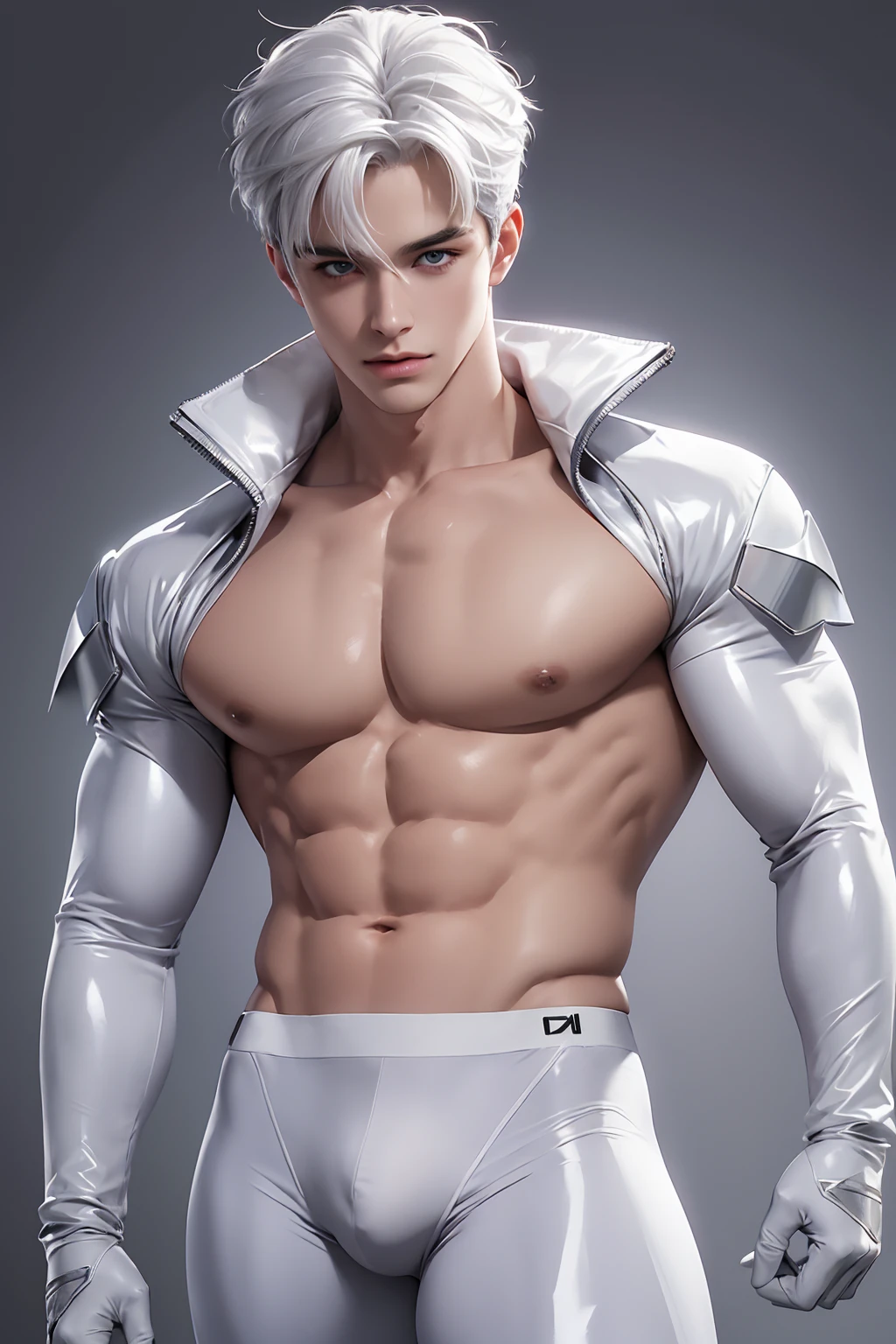 Ultra wide angle，Full body photorealistic 4k, high resolution, best quality, masterpiece, perfect color, perfect shade, perfect lighting, Posted by e621, ((portrait)), ((handsome man)), perfect male figure, Short hair details，chest muscles，abdominal muscles，wearing white and silver tight fit latex spandex and gloves，Detailed face, perfect face, (stood up), Detailed background, ((Bonifasco Lighting)), (delicate eyes),),white hair