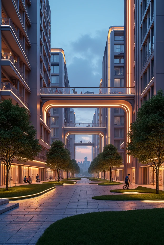 art deco design,urban buildings,streamline moderne,futuristic architecture, Abstraction,modern style,Luxury and Luxury,Future night view,Futuristic decorative elements,Metallic,number line,sci-fi lamp,Virtual Engine,Unreal rendering, neon lights, apartments, restaurants, mixed use, multiple buildings, trees, parks, greenery, grass, green field, pedestrians, people, bike lanes, bicycles, skybridge