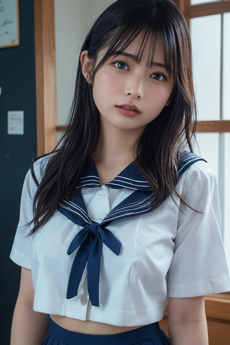 (Highest quality:1.4),(masterpiece:1.4),(Realistic:1.4),(Realistic:1.2),(超High resolution, RAWphotograph:1.4),(High resolution, Very detailed:1.2),(8k:1.2),photograph,黒髪のphotograph,One Girl,alone,tits,Nipples are visible,naked,Embarrassed face,((school uniform, Sailor suit, Navy blue and white Japanese style, Thin ribbon and pleated skirt)),((Big Breasts)),((Upper Body:1.3))